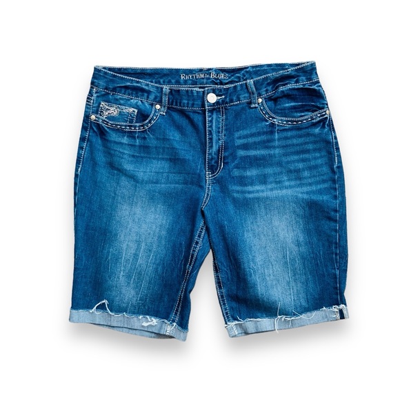 Rhythm in Blues Pants - Rhythm in Blues Women's distressed cuffed bermuda denim jean shorts, Sz 16